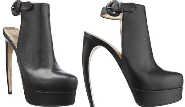 Walter Steiger open-back platform booties featuring the brand’s signature curved “claw” heel, a sculptural silhouette that blends architectural drama with precise balance and minimalist luxury
