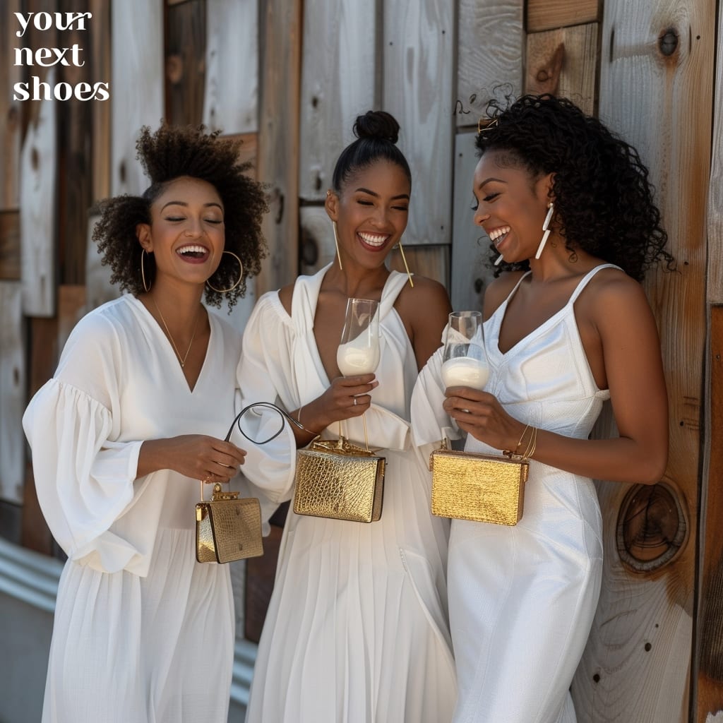 Three friends share a light-hearted moment, their laughter as bright as their chic white outfits and glittering gold clutches