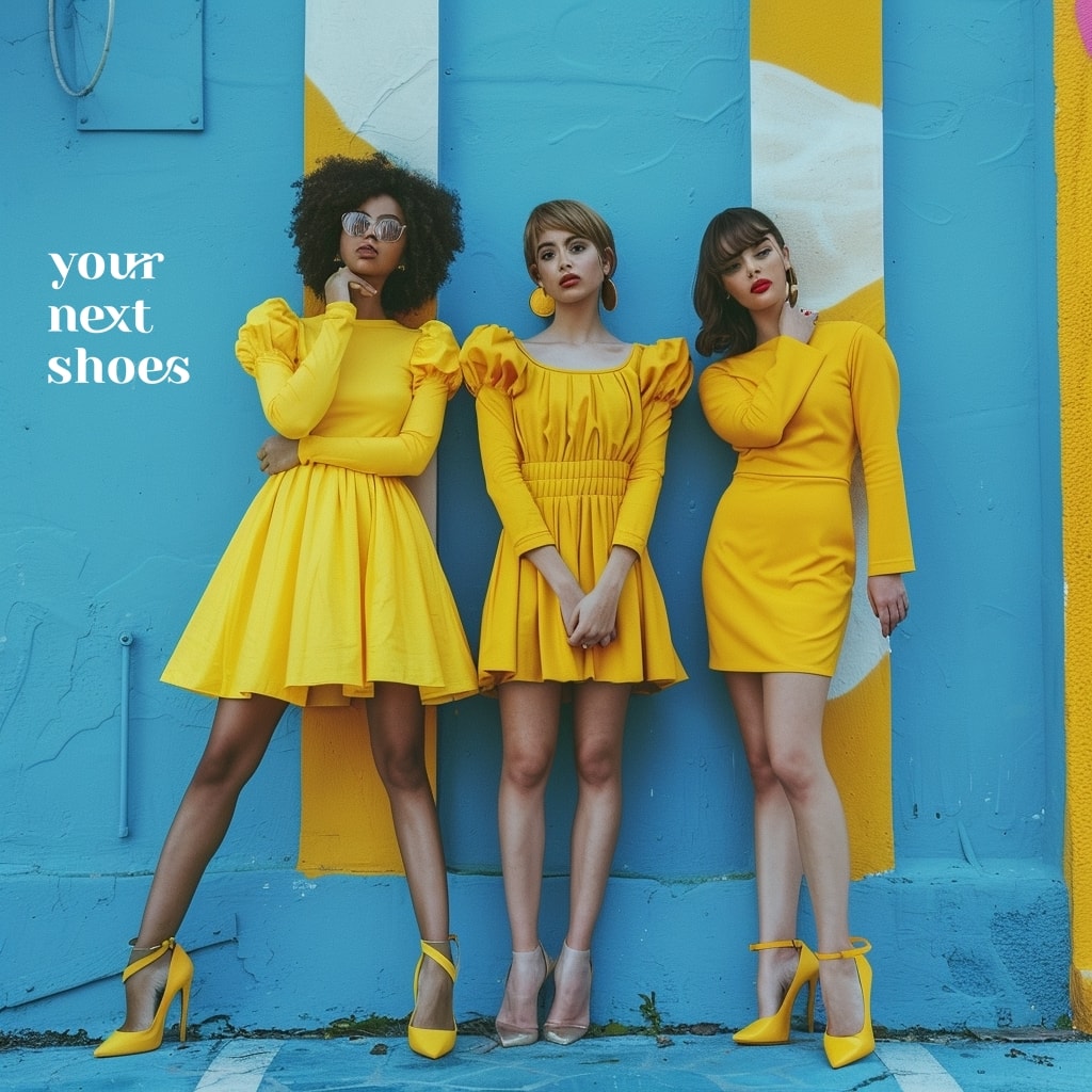 Against a striking blue backdrop, three women showcase the versatility of yellow, pairing their unique dress styles with matching heels for a cohesive and eye-catching ensemble