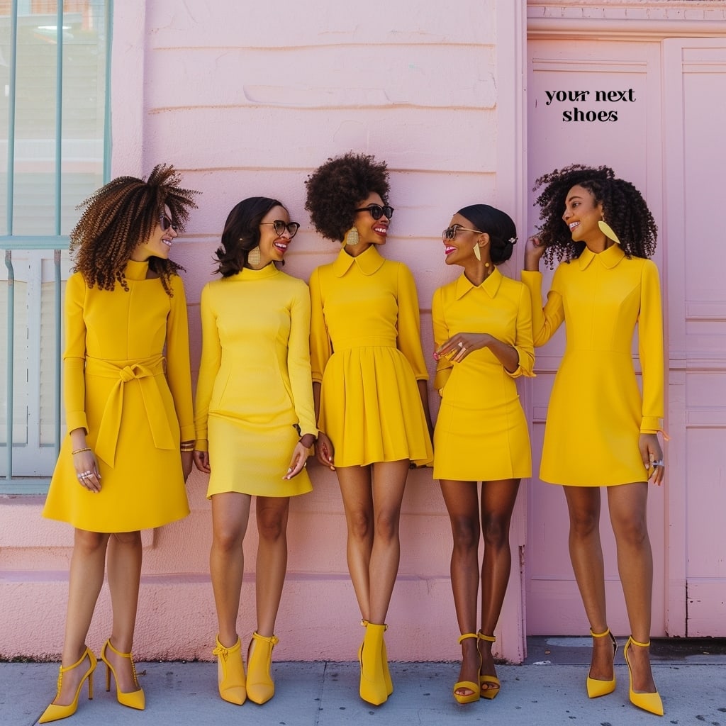 Five friends make a striking statement against a pink backdrop, coordinated in various styles of yellow dresses and heels