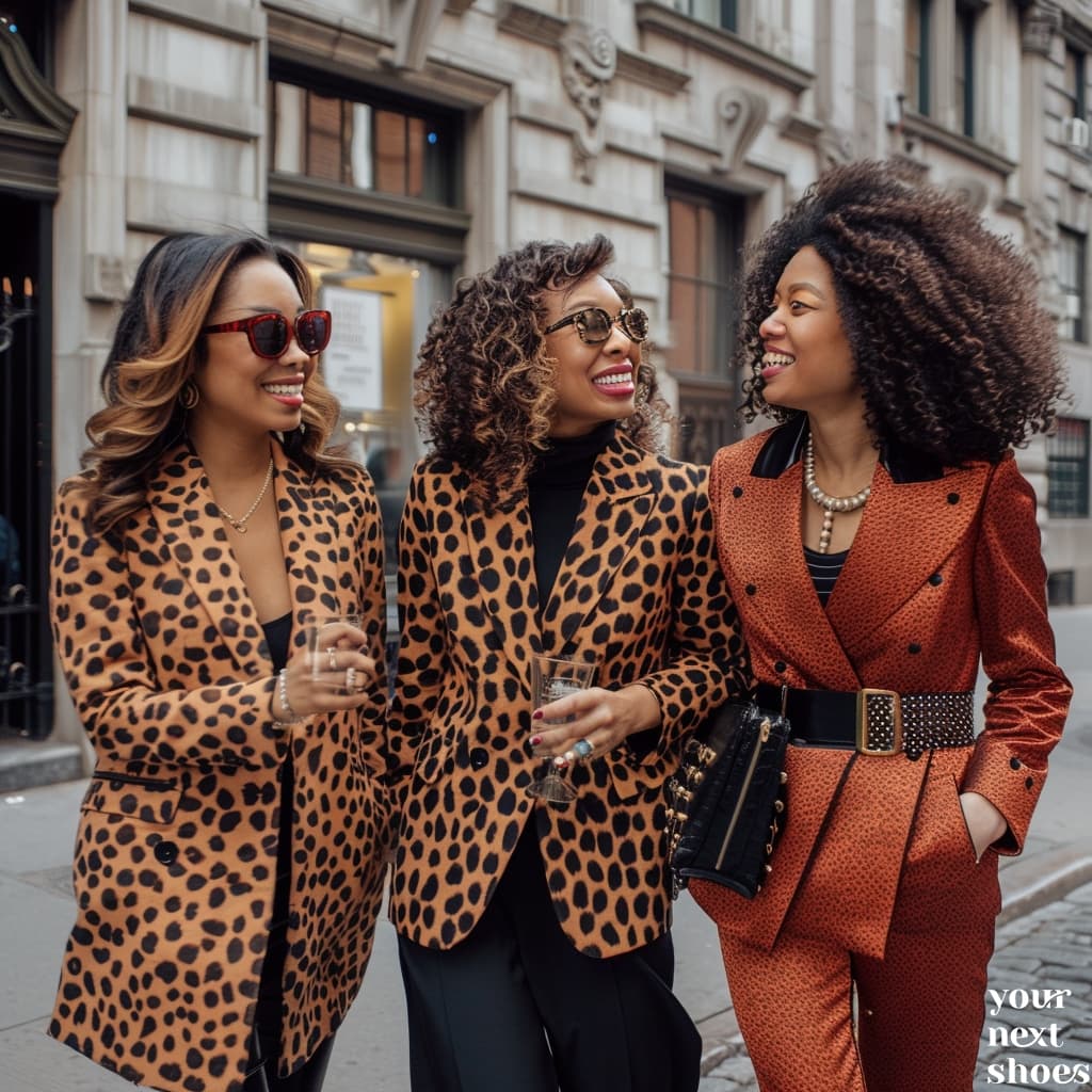 Three fashionable friends share a cheerful moment on the streets of New York, flaunting their bold animal print ensembles and radiant smiles