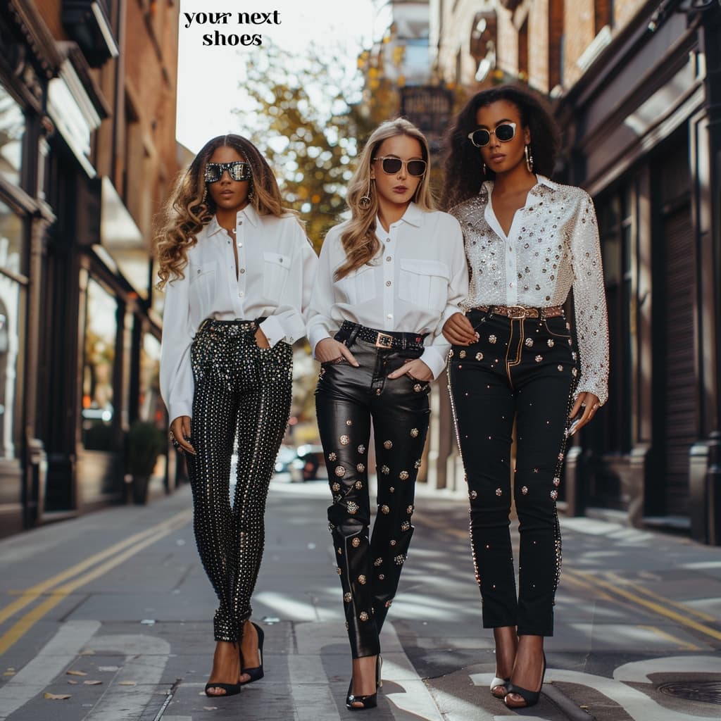 Striding through the city with confidence, these three fashion-forward women showcase the latest trend in luxe street style with their dazzling array of embellished black jeans paired with classic white tops