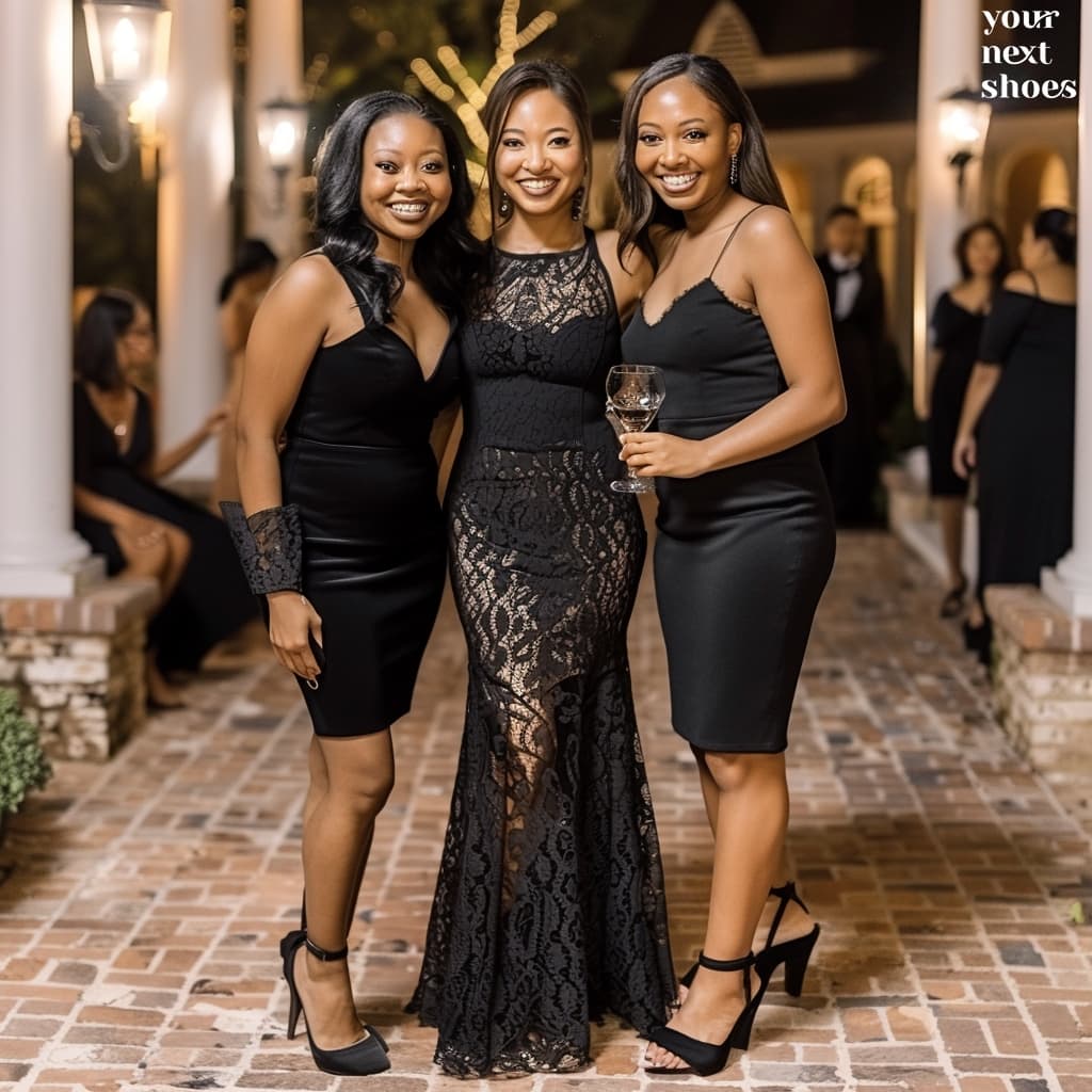 Three friends exude elegance in coordinating black dresses, each showcasing unique lace detailing and chic silhouettes, perfect for an upscale evening event
