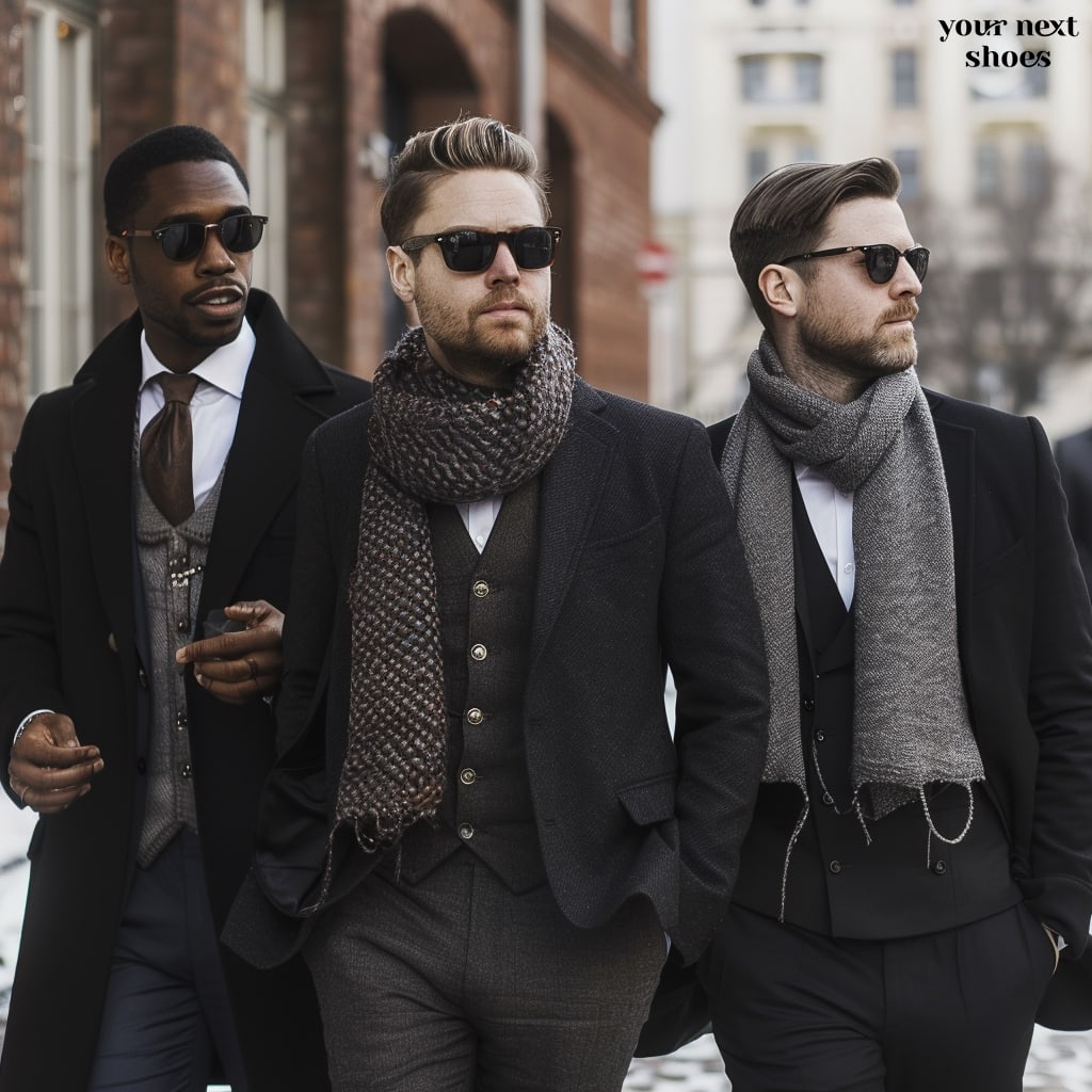 Three dapper gentlemen take to the city streets, showcasing the timeless elegance of black suits paired with luxurious scarves, an embodiment of classic style with a modern edge