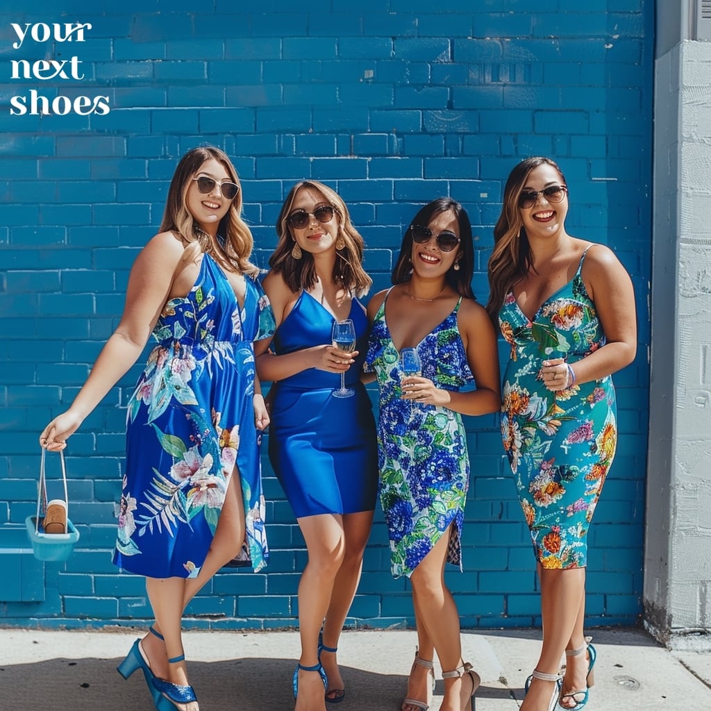 Four friends enjoy a sunny day out, clad in vibrant blue dresses and stylish sandals, perfectly complementing the cheerful backdrop of a blue brick wall