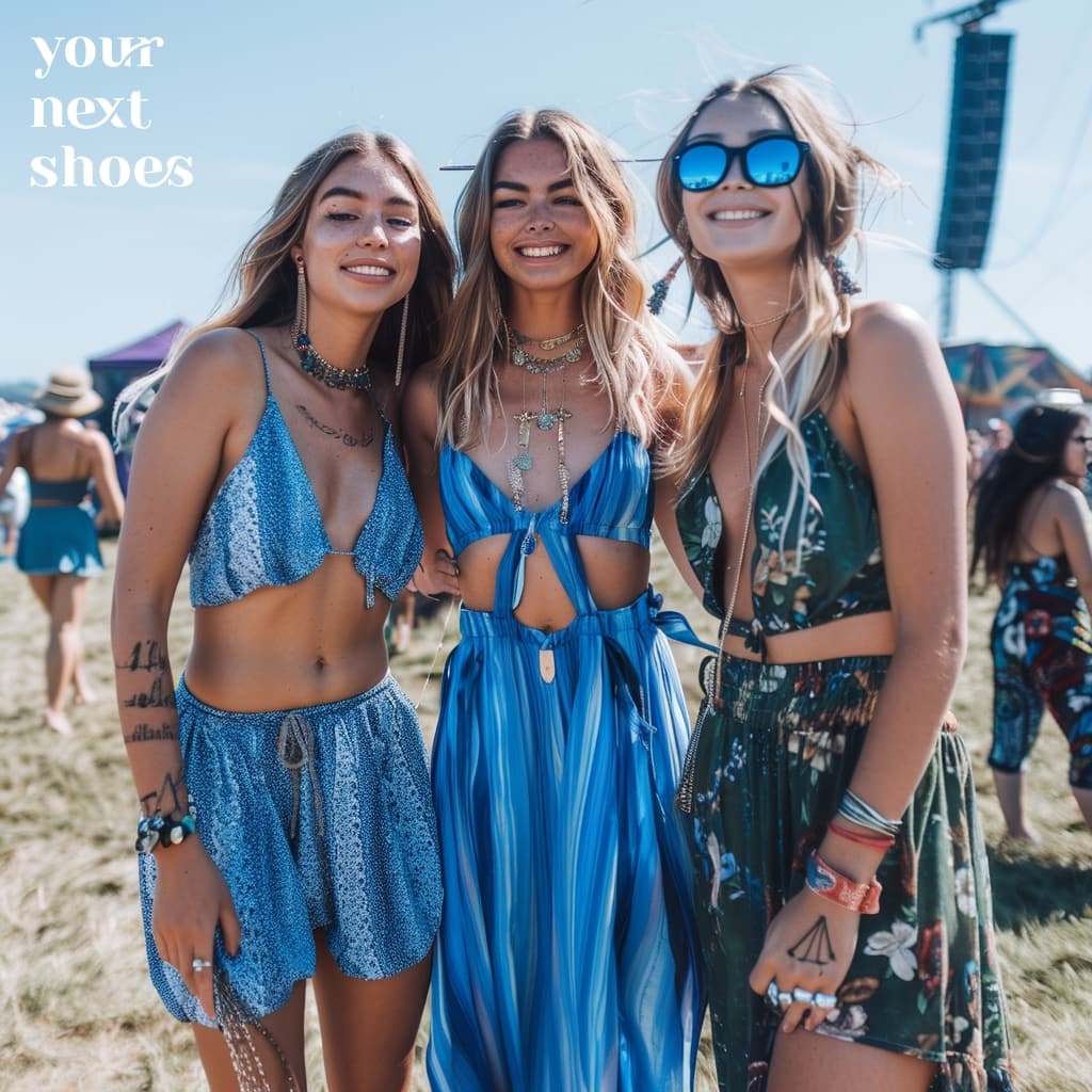Three friends radiate Coachella vibes, sporting coordinating blue outfits and layered jewelry under the festival sun