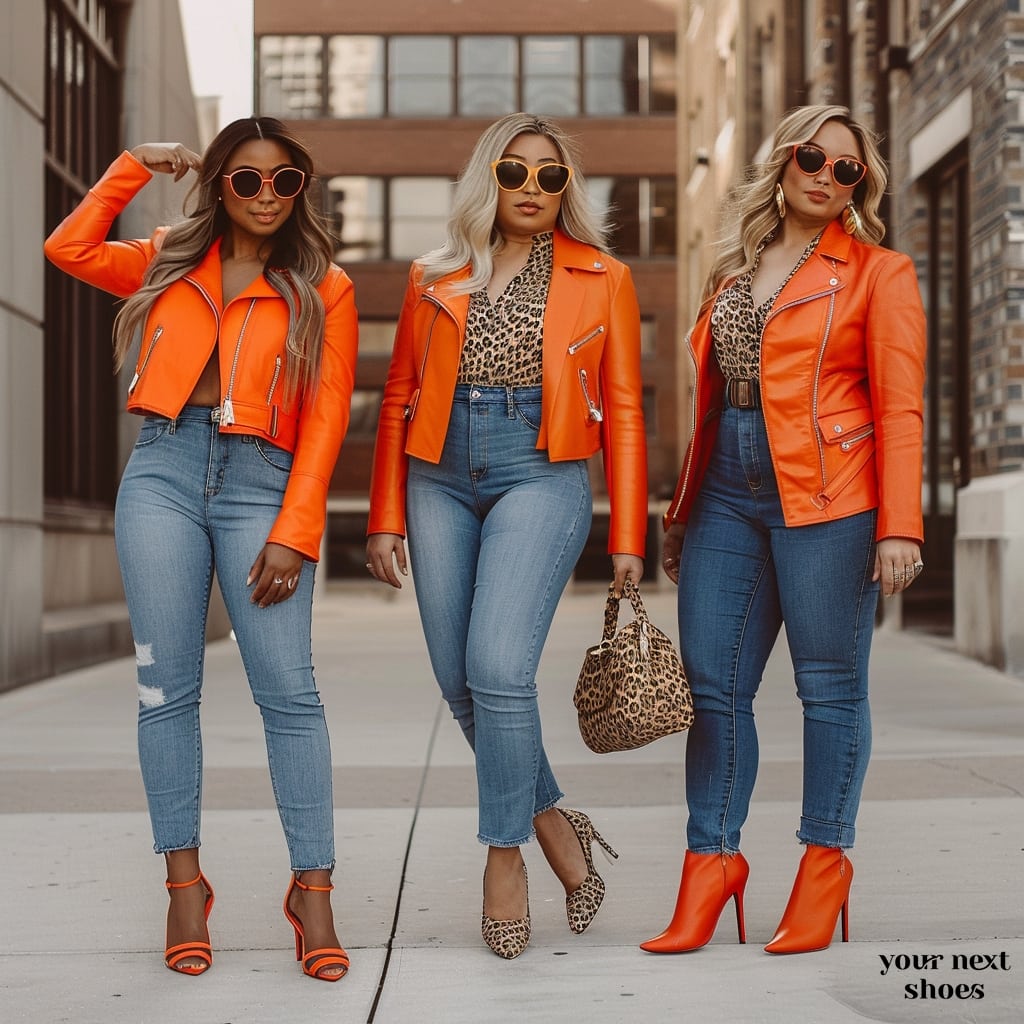 Three fashion-forward women strike a pose, showcasing a blend of bold orange leather jackets and leopard print accessories, perfectly paired with classic blue jeans for a chic urban look
