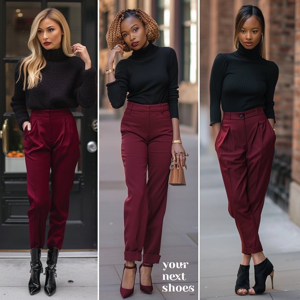 Three chic ways to style burgundy trousers with a classic black sweater for a seamless transition from office elegance to evening sophistication
