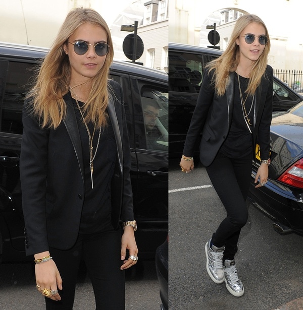 British model Cara Delevingne heading home after a Vogue seminar in London on April 27, 2013