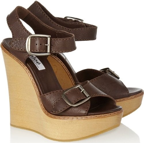 Chloé Leather and Wooden Wedge Sandals