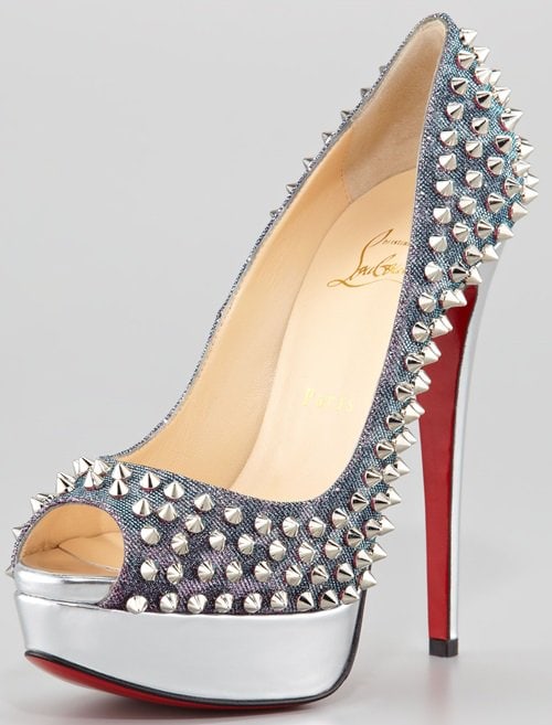 Christian Louboutin 'Lady Peep Spikes' Platform Pumps in Metallic Denim