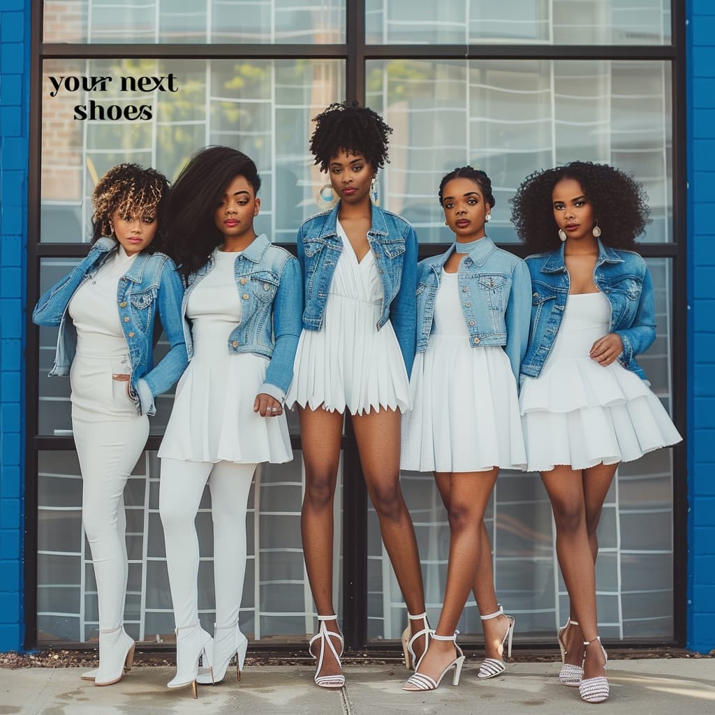 Five women in perfect harmony, each sporting chic white dresses paired with classic denim jackets, exemplifying a fresh and coordinated group style