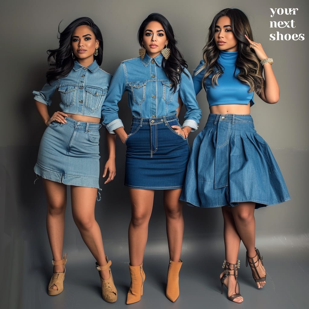 Three fashion-forward women strike a pose, each flaunting a unique denim skirt ensemble that perfectly blends contemporary chic with classic denim vibes