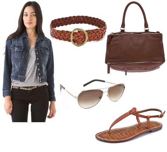 Featuring the key pieces to mimic Alessandra Ambrosio's style, this collection includes the Current/Elliott The Snap Jacket, Sam Edelman Gigi flat sandals, Givenchy Large Pandora Tote, B-Low The Belt Braided Belt, and Marc by Marc Jacobs Metal Aviator Sunglasses