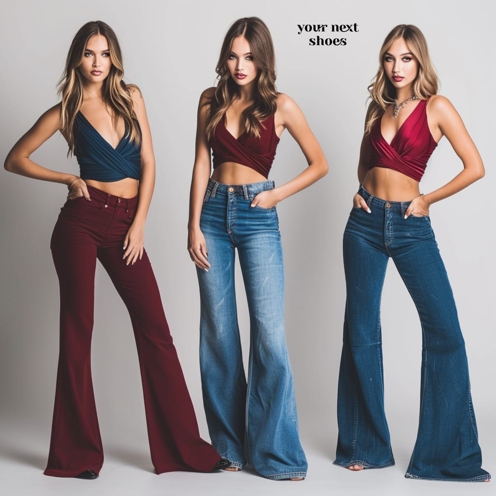 Embrace versatility and style with deep-hued flared jeans paired with a crisscross halter top for a blend of casual chic and evening elegance