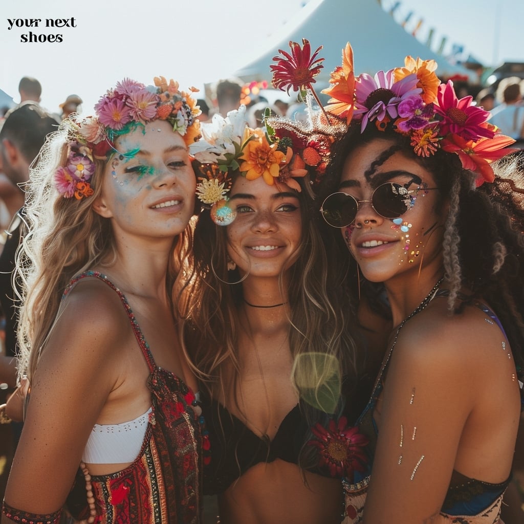 Three friends radiate Coachella chic with vibrant flower headpieces and spirited festival ensembles
