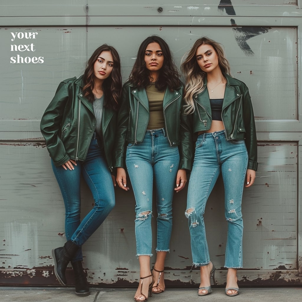 Three women showcase their street style in coordinating dark green leather jackets and distressed blue jeans, each adding a personal touch with their choice of footwear