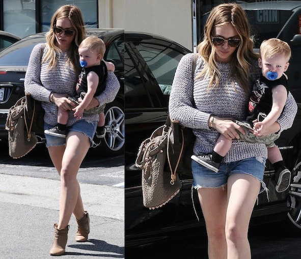 Hilary Duff exits Chin Chin Restaurant, West Hollywood, showcasing her Alexander Wang 'Diego' bag, paired with chic Laurence Dacade booties and Thierry Lasry shades – April 6, 2013