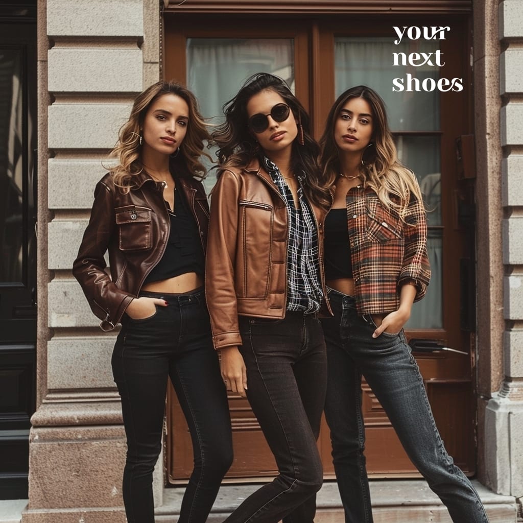 Three trendsetters showcase urban autumn chic in coordinating leather jackets and denim, complemented by classic plaid and understated accessories