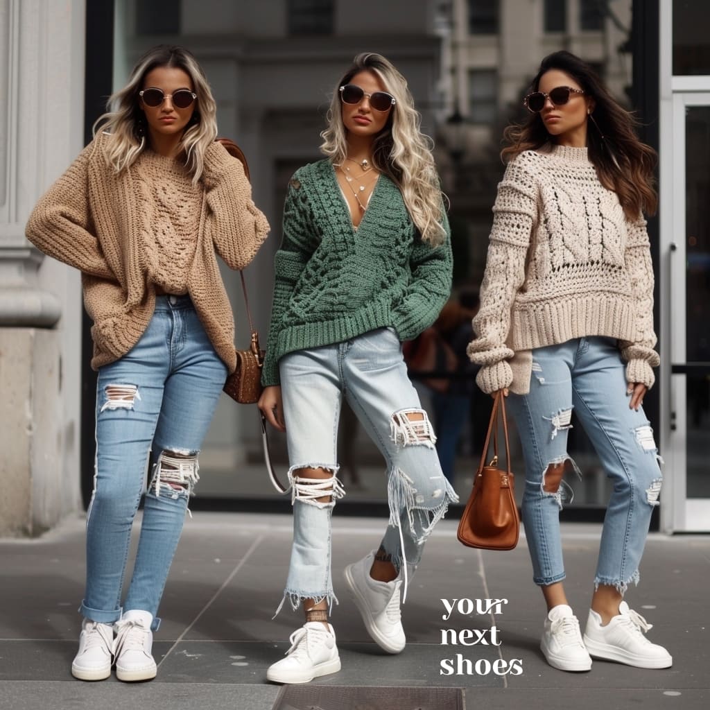 Triple style statement: cozy knitted sweaters, ripped jeans, and sleek white sneakers make for the ultimate laid-back luxe look