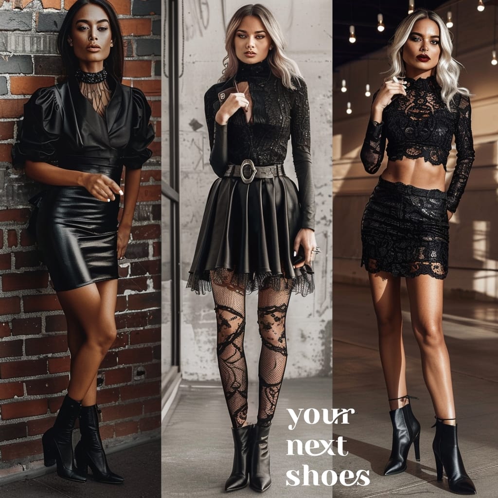 Three edgy and chic outfits featuring leather and lace details paired with sleek black ankle boots