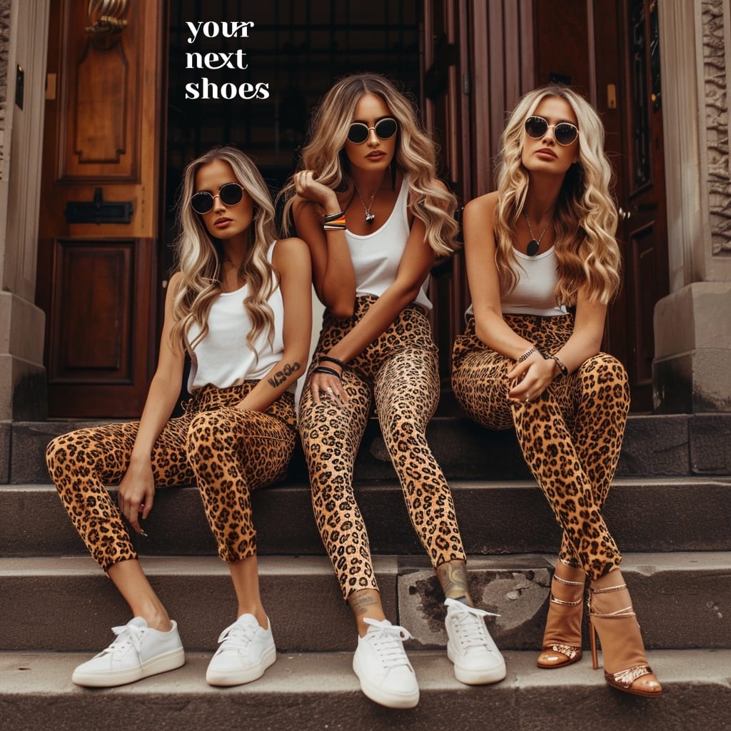 Three fashion-forward friends strike a pose on steps, showcasing their matching leopard print leggings, crisp white tanks, and signature sunglasses with a mix of trendy white sneakers and chic strappy heels