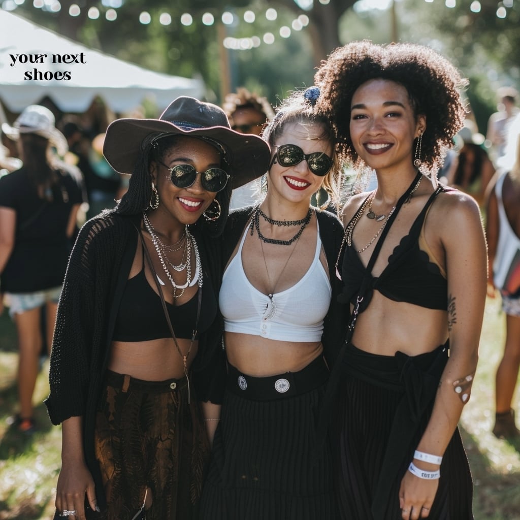 Three friends radiate festival chic with their takes on bohemian style, featuring a striking combination of a wide-brimmed hat, layered necklaces, and crop tops with high-waisted skirts at a sunlit outdoor event
