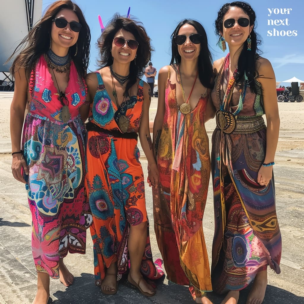 Four friends showcase their festival-ready flair with an array of vibrant, paisley-printed maxi dresses, complemented by bold accessories and carefree barefoot style at a sunny beachside event