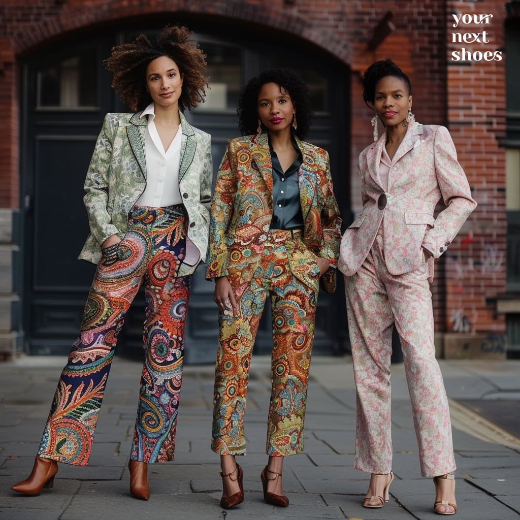 Three women showcase the timeless elegance of patterned suits paired with solid tops and classic heels on a city street