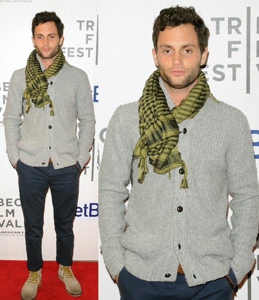 Penn Badgley showcases a green plaid scarf, blending casual charm with his signature style