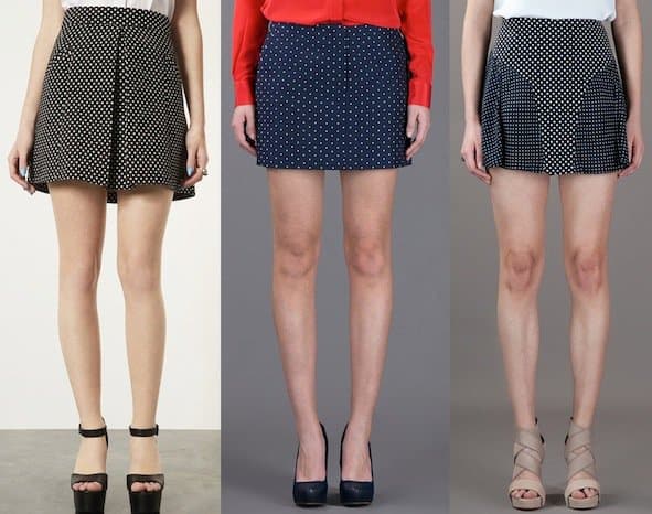 Topshop Polka Dot A-Line Skirt in Black, Joseph Minnie Skirt in Navy Blue and Joseph Polka Dot Skirt in Blue