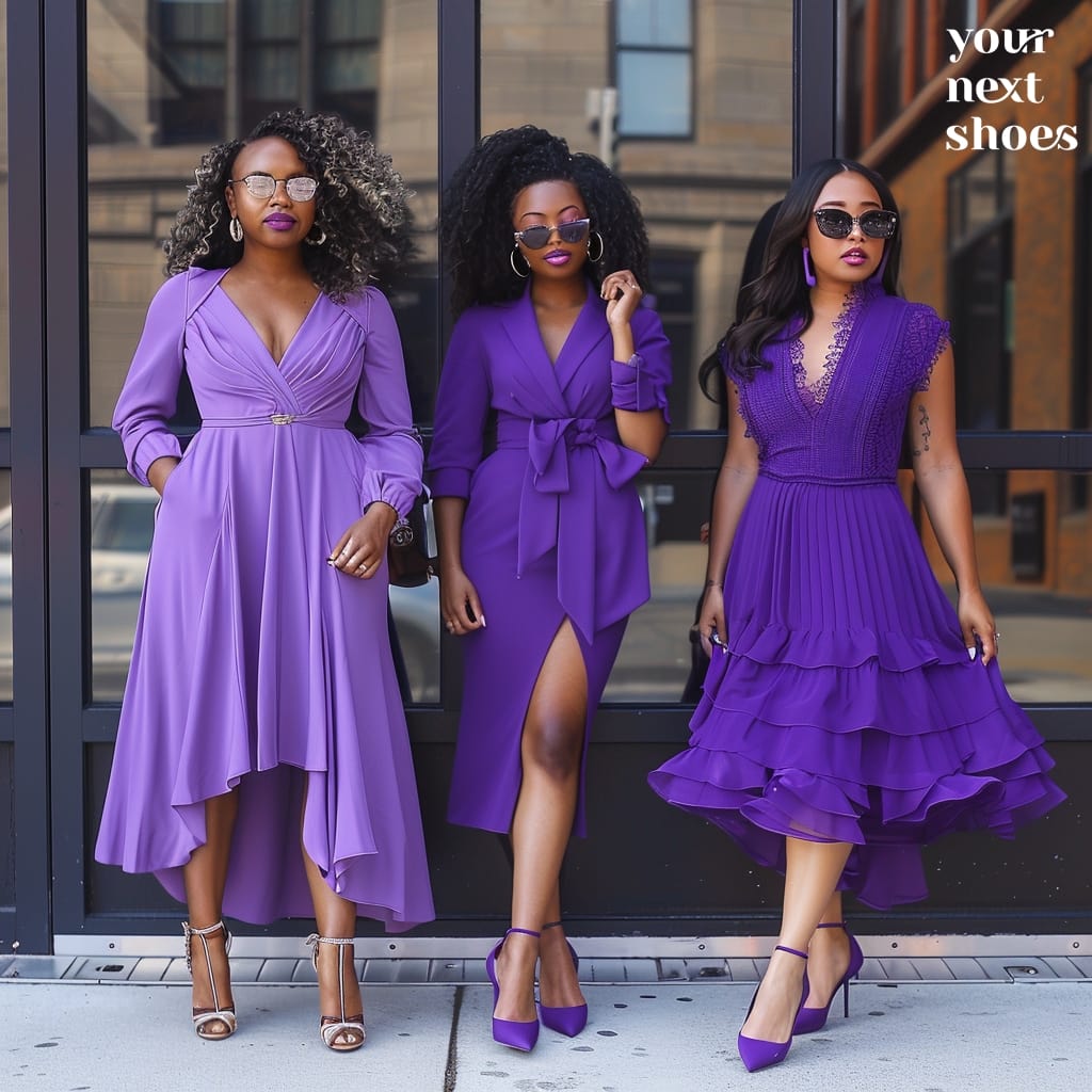 Three women make a striking statement on the street, each showcasing a unique take on the purple dress trend, accessorized with coordinated high heels