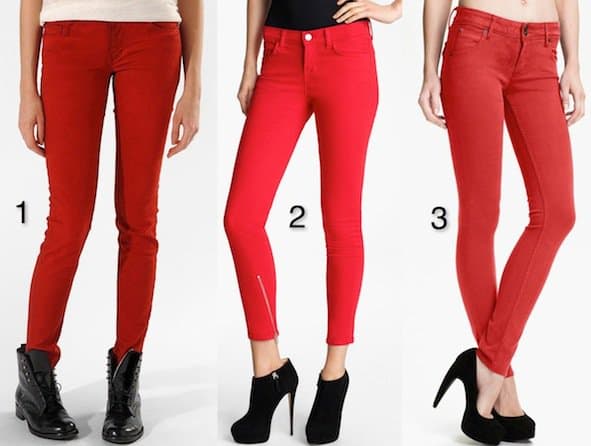 maje "Javaro" Stretch Jeans in Rouge / J Brand + Christopher Kane Overdyed Skinny Jeans in Deep Red / Hudson Jeans "Collin" Skinny Jeans in Red Dahlia