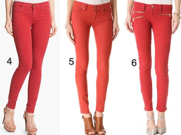 Current/Elliott "The Stiletto" Stretch Jeans in Red Coral / Paige Denim "Verdugo" Ultra Skinny Jeans in Skinny Red / DL1961 "Hazel" Wax-Coated Skinny Jeans in Throttle