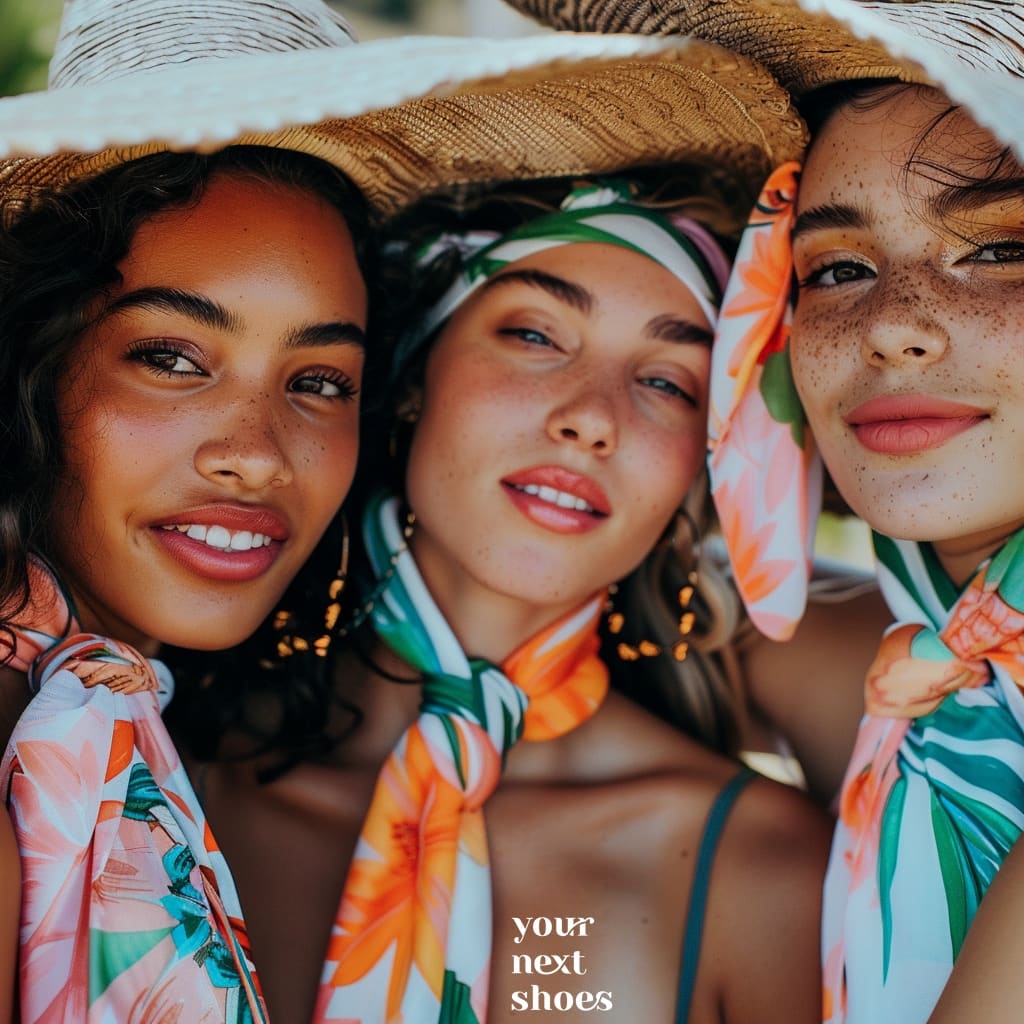 Three radiant friends share a summer moment, showcasing tropical-print scarves and a shared straw hat, embodying a bohemian elegance