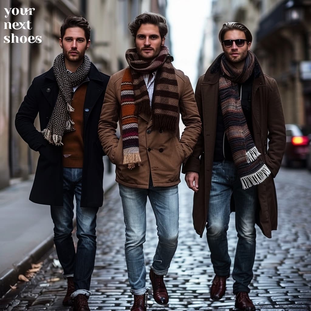 Three dapper men showcase the art of layering with textured scarves, tailored coats, and casual denim on a cobblestone street, epitomizing cool-weather sophistication