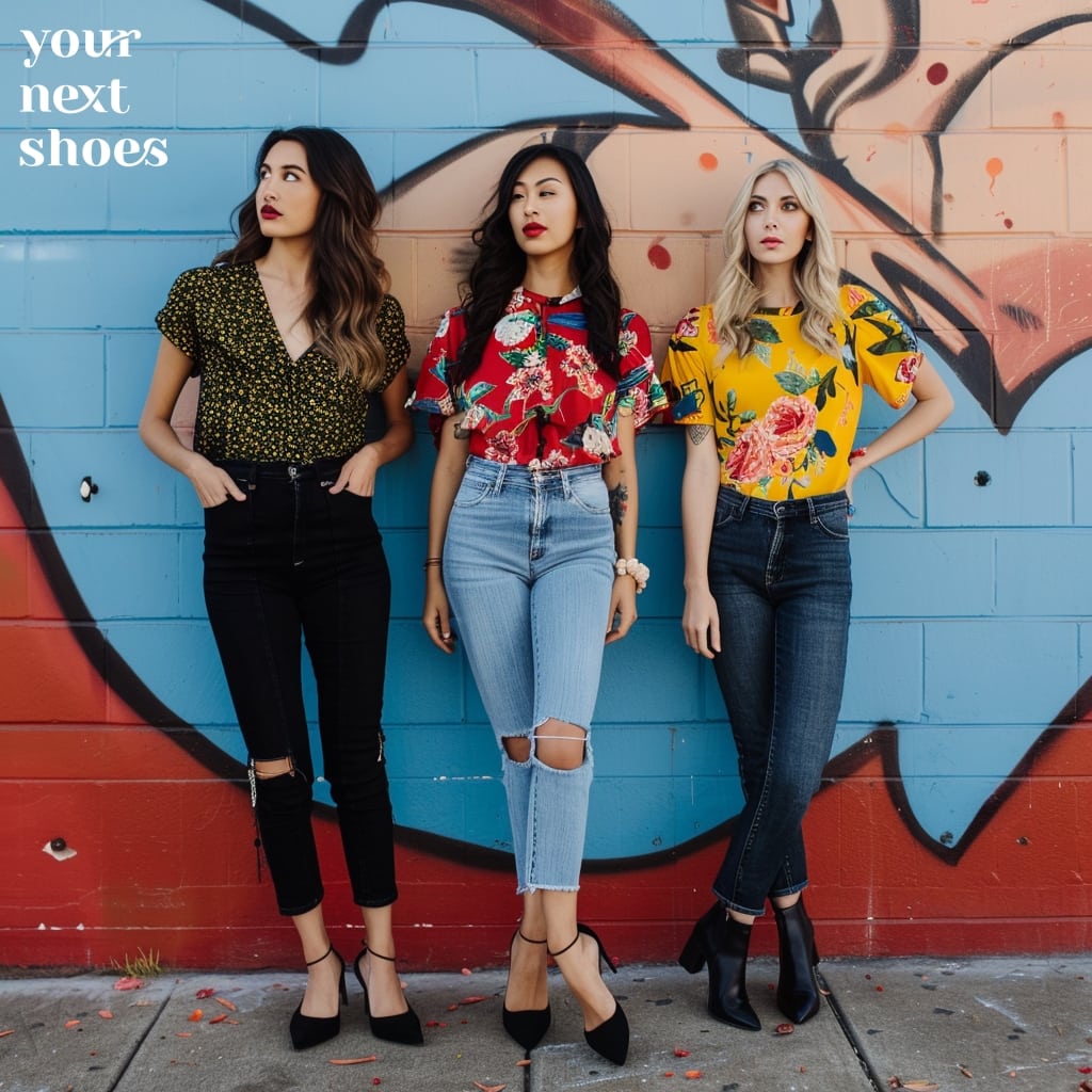 Three stylish women showcase a trendy ensemble with floral prints and denim, each outfit reflecting a unique twist on classic skinny jeans
