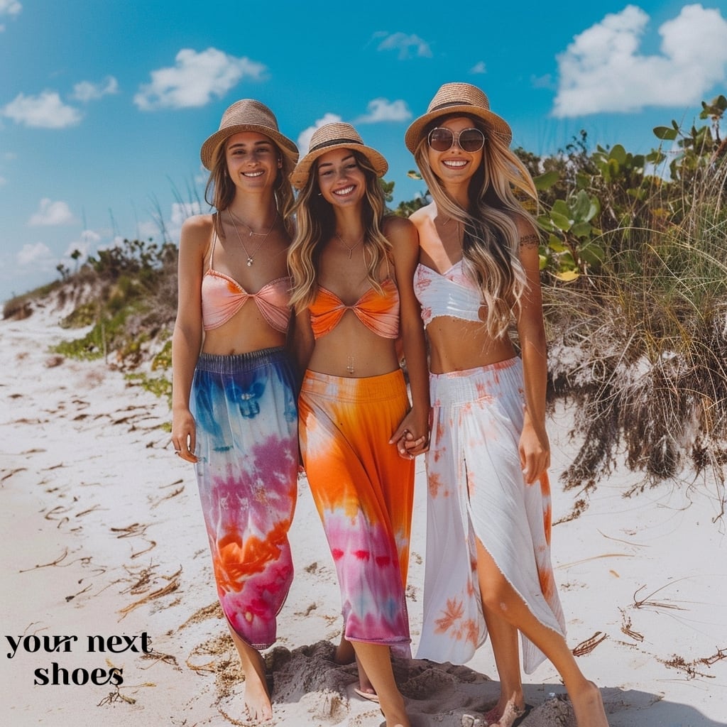 Barefoot and beachy, these three friends complement the seaside breeze with their flowing tie-dye skirts, matched perfectly with breezy crop tops and sun-ready straw hats