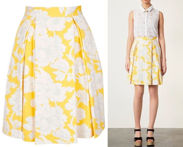 This Topshop yellow floral pleat calf skirt, priced at $96.00, mirrors the lively essence of spring