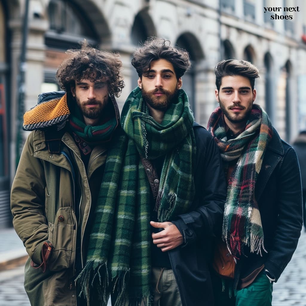 Three fashionable men walk confidently down the street, each donning unique oversized scarves that add a pop of texture and color to their scruffy, urban winter styles