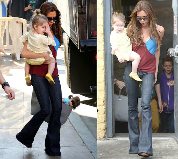 Victoria Beckham styled herself in raw denim flare jeans from her own line and a ginger two-tone camisole by Jonathan Saunders for an outing at Jack & Jill's Restaurant on April 4, 2013