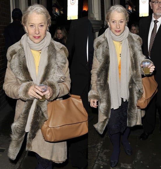 Dame Helen Mirren exits the Gielgud Theatre, having starred as Queen Elizabeth II in 'The Audience', London, April 9, 2013