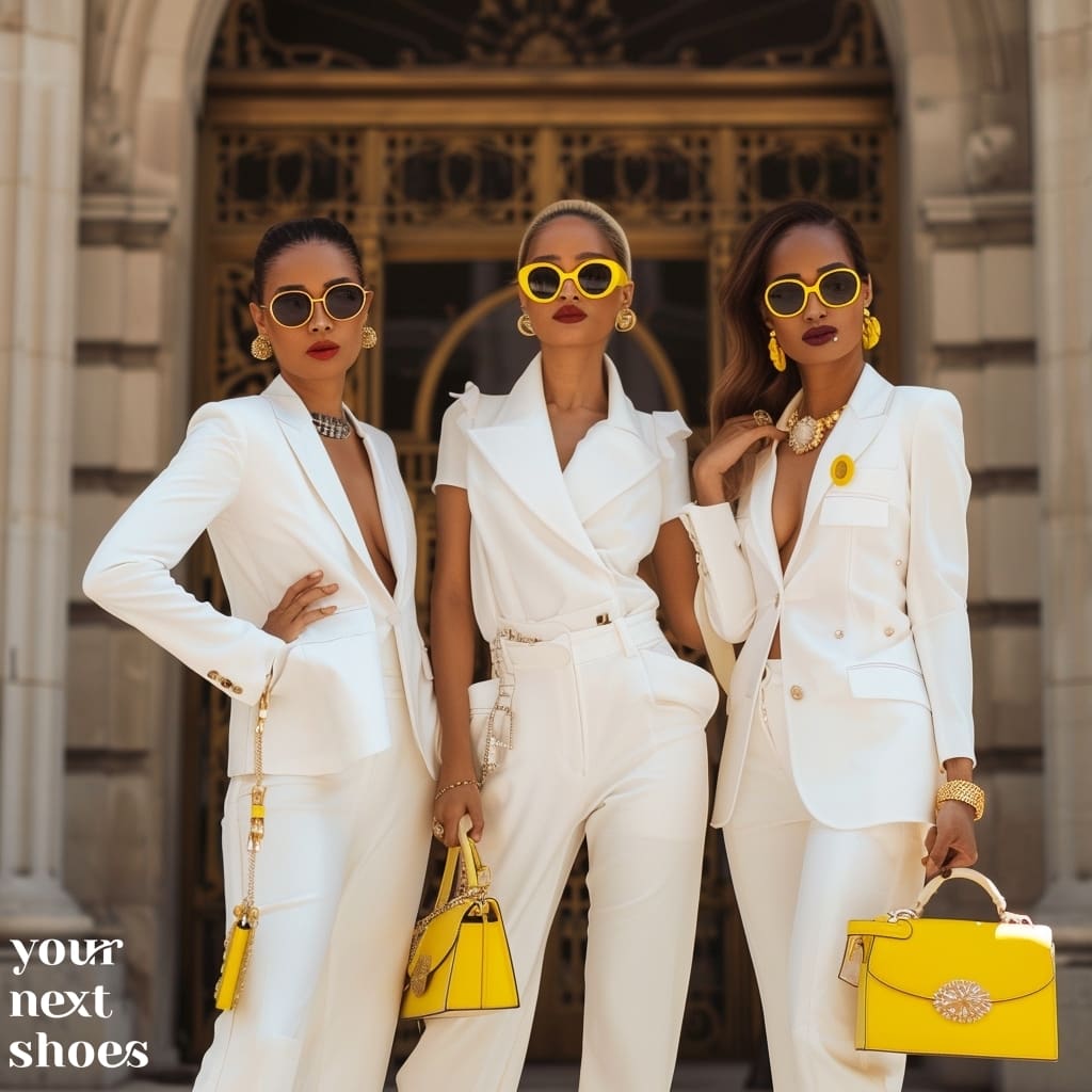 Three models exude elegance in pristine white suits paired with bold yellow accessories, encapsulating the season's chicest color trend
