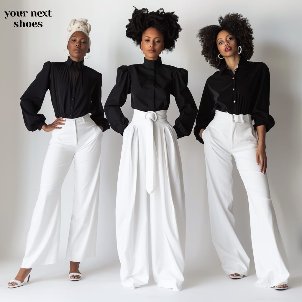 Three variations of chic: Models showcase the versatility of white wide-leg pants, each paired with a tailored black blouse for a timeless monochromatic look