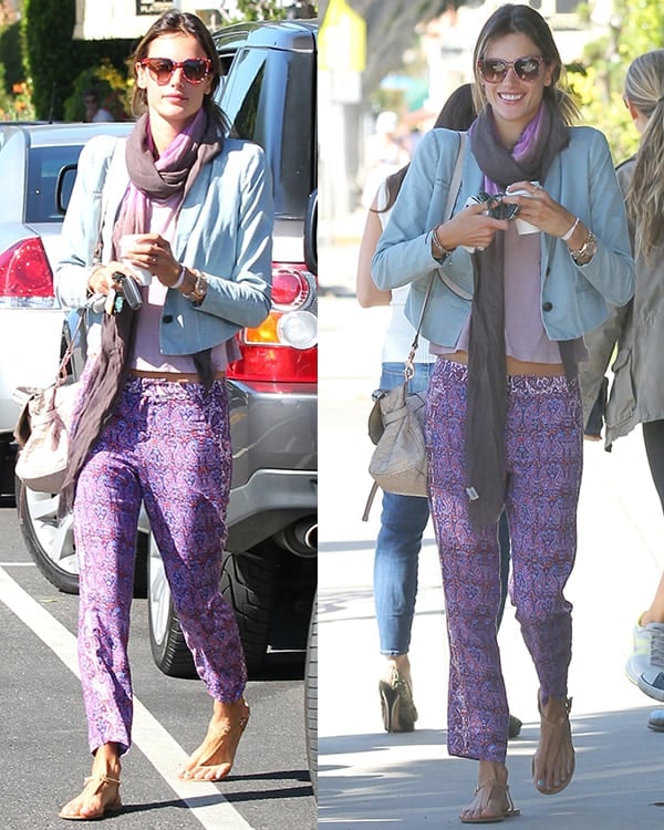 Brazilian supermodel Alessandra Ambrosio spotted at Caffe Luxxe on Montana Avenue, Santa Monica, showcasing her layered fashion sense with Ella Moss 'Dixon' pants, multiple tops, and a chic scarf, on April 19, 2013