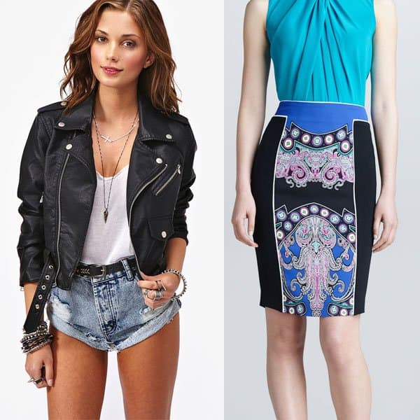 Casual printed pencil skirt with a leather jacket