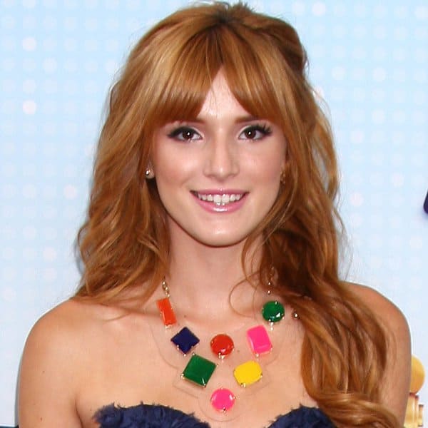 Close-up of Bella Thorne wearing the striking 'Cameo Jewels' bib necklace by Kate Spade at the Nokia Theater