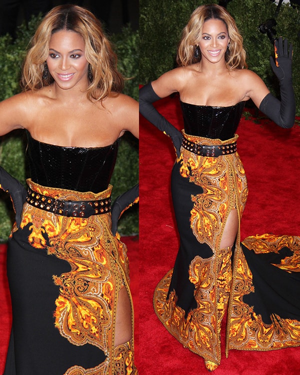 Beyoncé looks fiery in a flame-inspired Givenchy ensemble as the honorary chair at the Met Gala