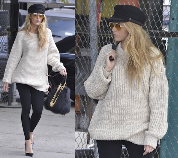 Blake Lively wore black leggings under an oversized beige jumper paired with classic patent leather pumps from Casadei