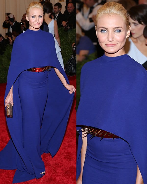 Cameron Diaz blends elegance with punk, sporting a spiked belt on a royal blue Stella McCartney gown at the Met Gala